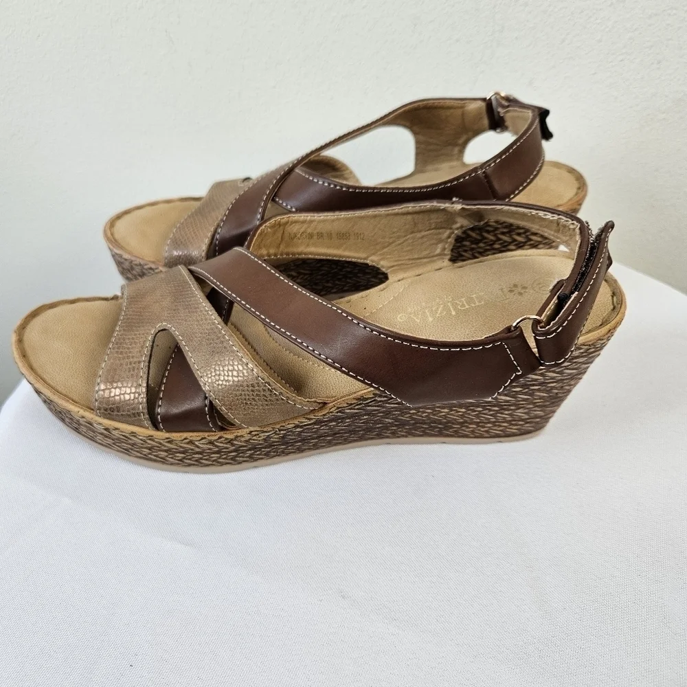 Patrizia by Spring Step Brown Faux Leather Wedge Sandals | Mid Heel Size 10
